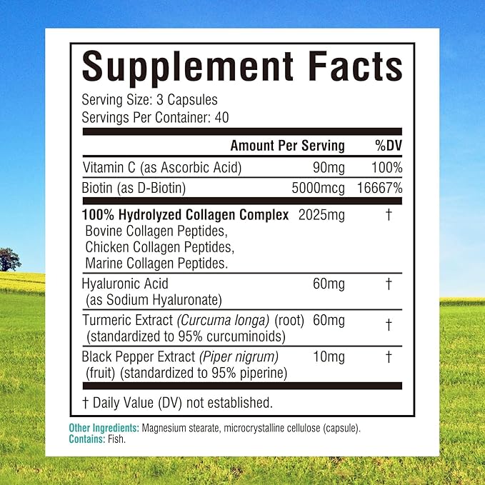 Innate Vitality Multi Collagen Peptides, Type I, II, III, Vitamin C, Biotin, Hyaluronic Acid & Turmeric, 2025mg Hydrolyzed Collagen for Women & Men, Skin, Hair & Nail Support, 120 Capsules