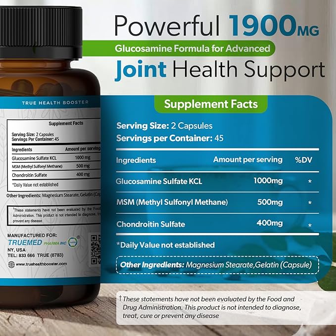 Glucosamine Sulfate KCL with Chondroitin & MSM - Joint Supplements for Women and Men - Glucosamine Chondroitin MSM Supplement - Supports Joint Health, Flexibility & Mobility – Made in USA,100 Capsules