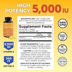 Viva Naturals Vitamin D3 5000 IU Softgels, 360 Count (125 mcg), Supports Bone & Immune Health, High Potency Vitamin D