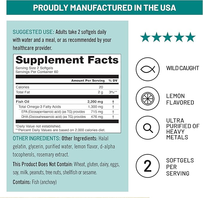 NatureWise Ultra Omega 3 Fish Oil 2200 mg – 1300 mg Omega-3 - Triglyceride Form - Lemon Flavor - Wild-Caught Fish Oil + EPA & DHA - Burpless, Non-GMO - 120 Softgels[2-Month Supply]