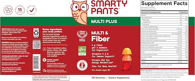 SmartyPants Fiber Supplement & Multivitamin for Men & Women, Prebiotic Fiber Gummies with Omega 3 (DHA/EPA), Vitamin D3, C, Vitamin B12, B6, A, K & Zinc, 90 Count (30 Day Supply)