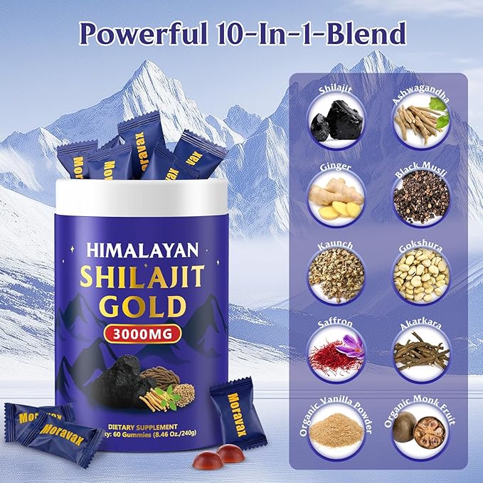 Himalayan Natural Shilajit Gummies I Gold Grade Natural Shilajit with Ashwagandha, Gokshura, Black Musli & 85+ Trace Minerals I No Added Sugar I Non-GMO I 60 Gummy