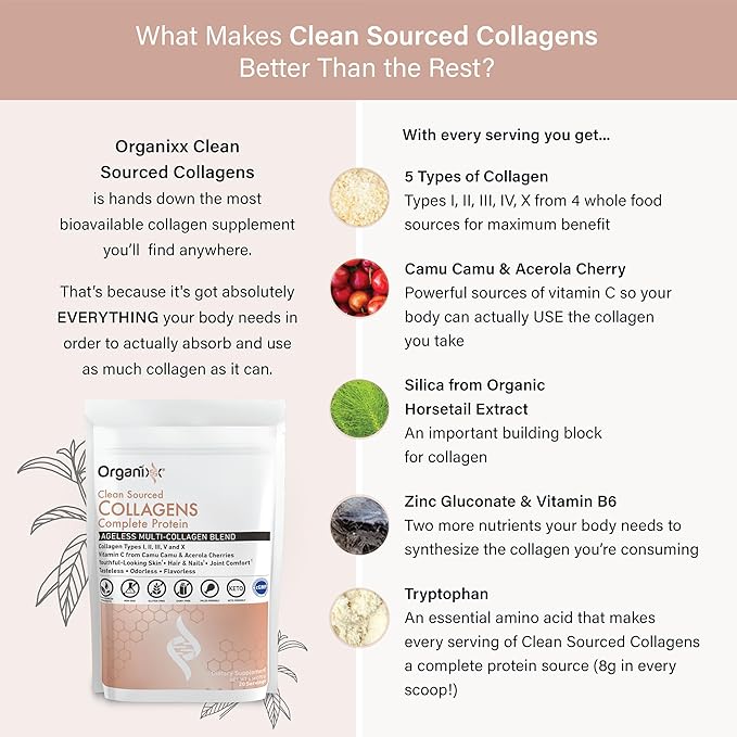 Organixx Clean Sourced Collagen Peptides Powder with Vitamin C, Types I, II, III, V, X Hydrolyzed Collagen, Hair, Nail, Skin, Bone & Joint Health, Aging Support, Gluten Free, Unflavored, 20 Servings
