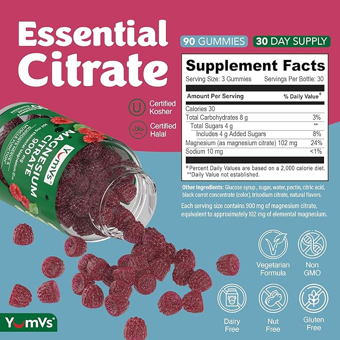 YUM-V'S Magnesium Citrate Gummies – 900mg Highly Absorbable Magnesium Gummies for Women & Men to Support Nerve, Muscle & Enzyme Function – Gluten-Free, Kosher & Raspberry Flavor (90 Count)