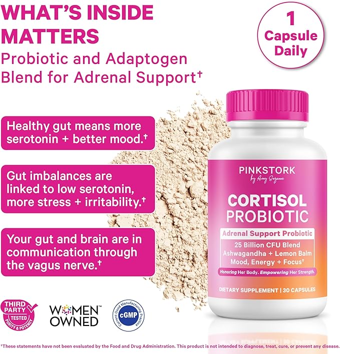 Pink Stork Cortisol Probiotic for Women – Mood and Adrenal Support Supplement – Ashwagandha, Lemon Balm, Chamomile, 25 Billion CFU – Gut Health, Energy, Focus – Lower Cortisol – 30 Capsules