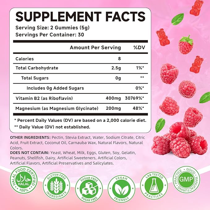 Vitamin B2 Gummies 400mg – Riboflavin Supplement with Magnesium for Kids & Adults | Supports Nervous System & Energy Production | Sugar Free, Vegan, Non-GMO, Raspberry Flavor - 120 Count