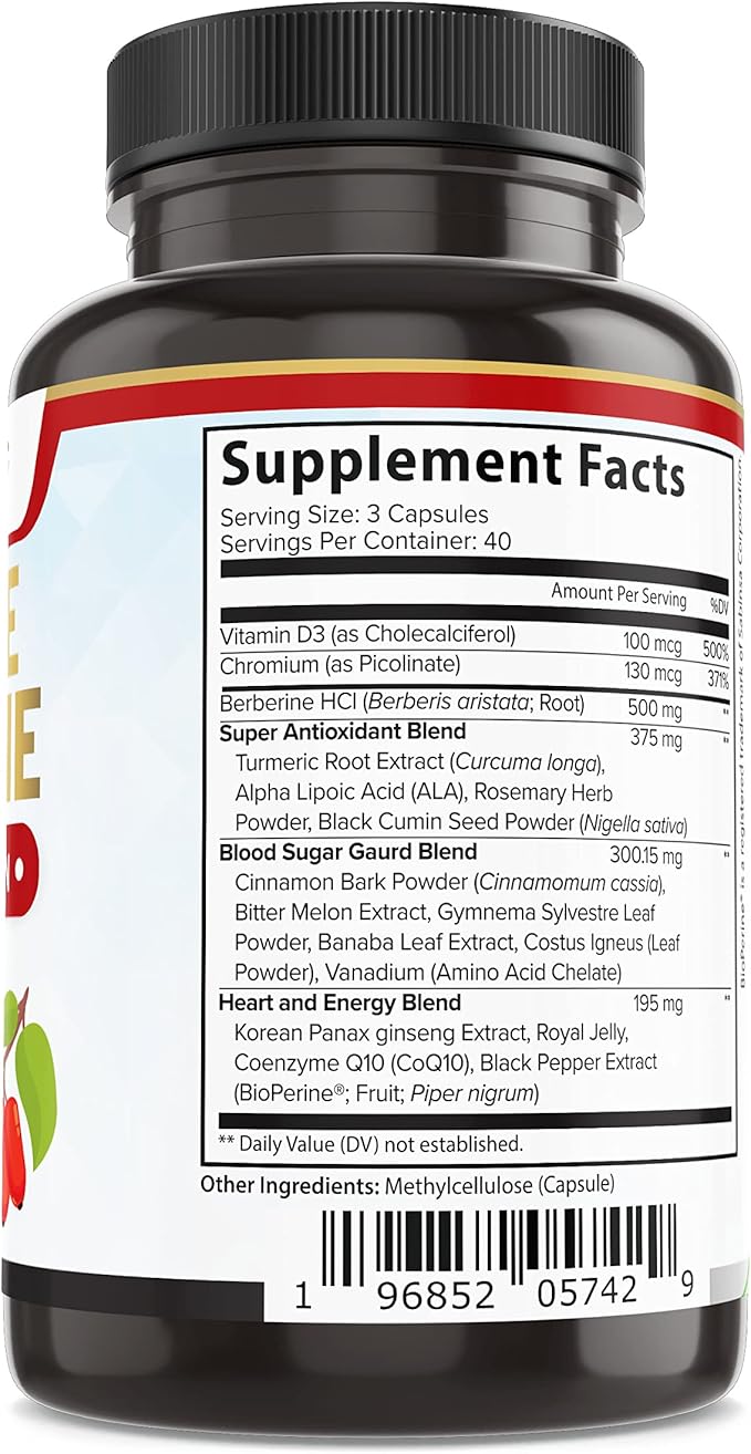 Extreme Berberine 500mg Complex with ALA, Coq10, Turmeric, Cinnamon, Bitter Melon, banaba Leaf, Korean Panax, Royal Jelly, and 21 Herbs for Healthy Blood Sugar Support and Overall Health and Immunity