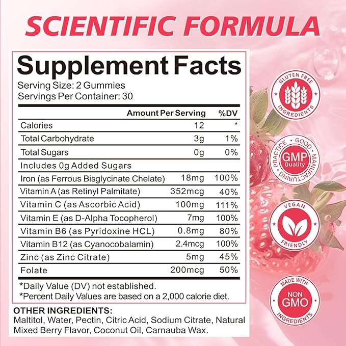 Iron Gummies for Women, Men & Kids, Vegan Iron Supplement with Vitamin C, B12, Folate for Energy Support & Immune Health, Sugar Free, 60 Gummies (Pack of 1)
