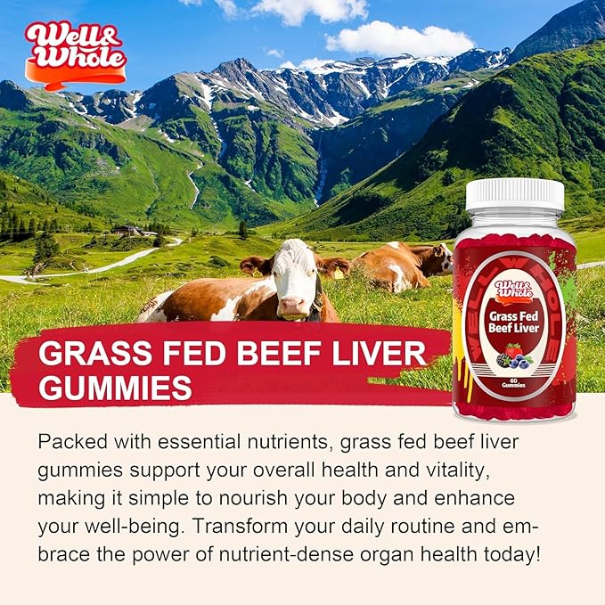 Well&Whole Grass Fed Beef Liver Gummies, Dessicated Beef Liver Supplement for Energy, Immunity, and Full Wellness - Non GMO, Gluten Free, for Adults and Kids, 120 Counts