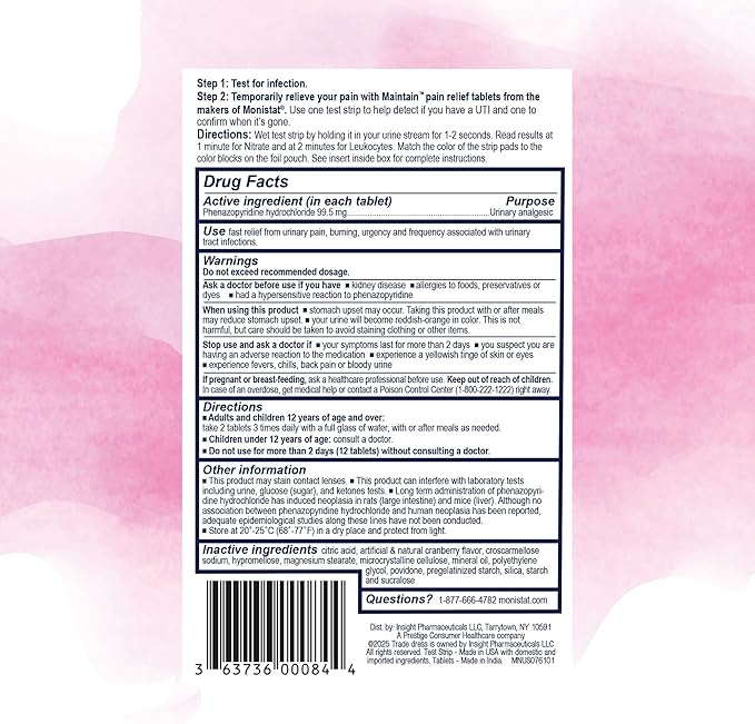 Monistat Maintain UTI 2-in-1 Test & Pain Relief Kit, 2 Test Strips & 12 Urinary Pain Relief Tablets, 2 Minute Results and Maximum Strength Pain, Burning and Urgency Relief