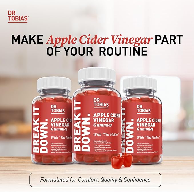 Dr. Tobias Apple Cider Vinegar Gummies with The Mother - 500mg ACV Per Serving, Plus Folate, B6, B12 & Iodine | Supports Digestive Health Gut Cleanse & Detox - Vegan (120 Gummies)