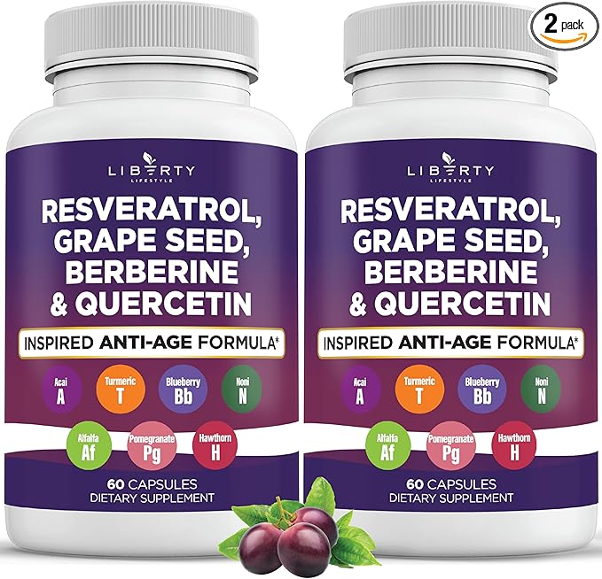 Liberty Lifestyle Resveratrol, Berberine, Grape Seed Extract, Quercetin, Polyphenol Supplement for Women and Men with Noni Extract, N-Acetyl Cysteine, Acai Extract - 2-Pack