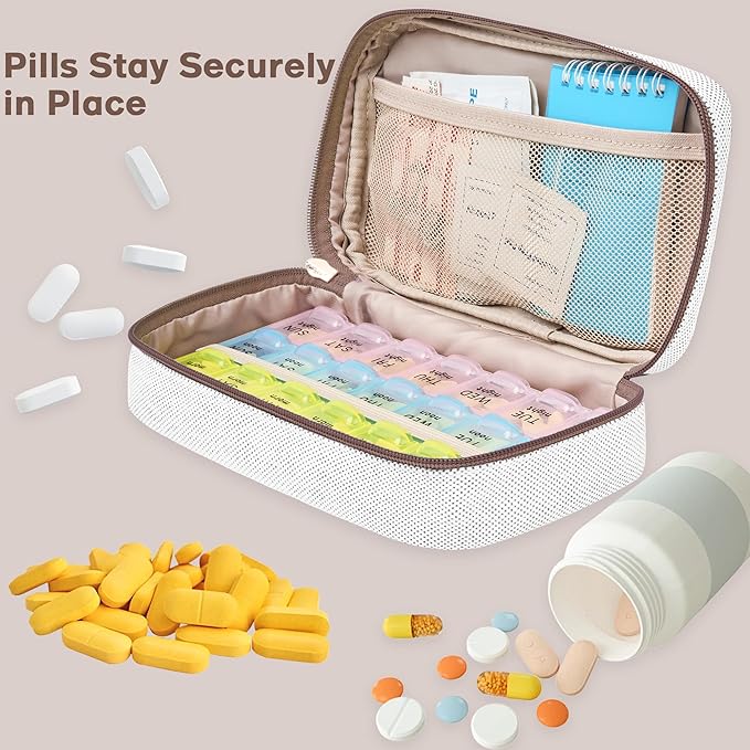 Weekly Travel Pill Organizer 3 Times A Day Pill Case for Purse with Removable 7 Day Pill Box Holder,Cute Medication Organizer Pill Container for Medicine, Vitamin, Fish Oils,Supplement (Brown, Large)