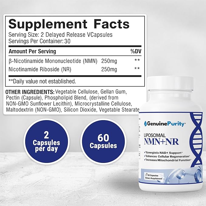 Liposomal NMN + NR Supplement - 60 Vegan Capsules to Support Cellular Health, Energy & NAD+ Levels - USA Made, Non-GMO, Gluten Free