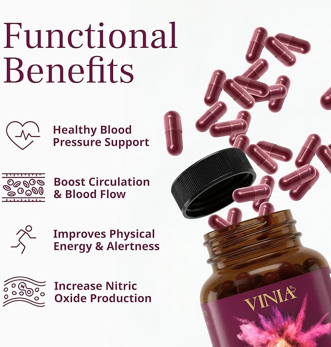 VINIA Piceid Resveratrol Supplement Capsules. Increases Blood Flow and Nitric Oxide. Blood Pressure and Heart Health Support | Antioxidant from Red Grapes | Non-GMO, 30 Count