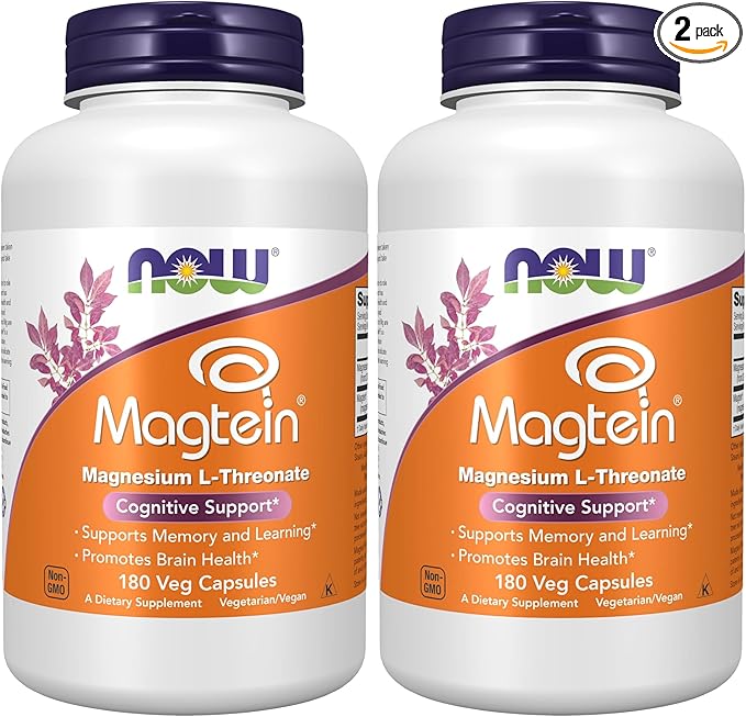 Now Foods Supplements Magtein, Magnesium L-Threonate, Cognitive Support*, 180 Veg Capsules, (Pack of 2)