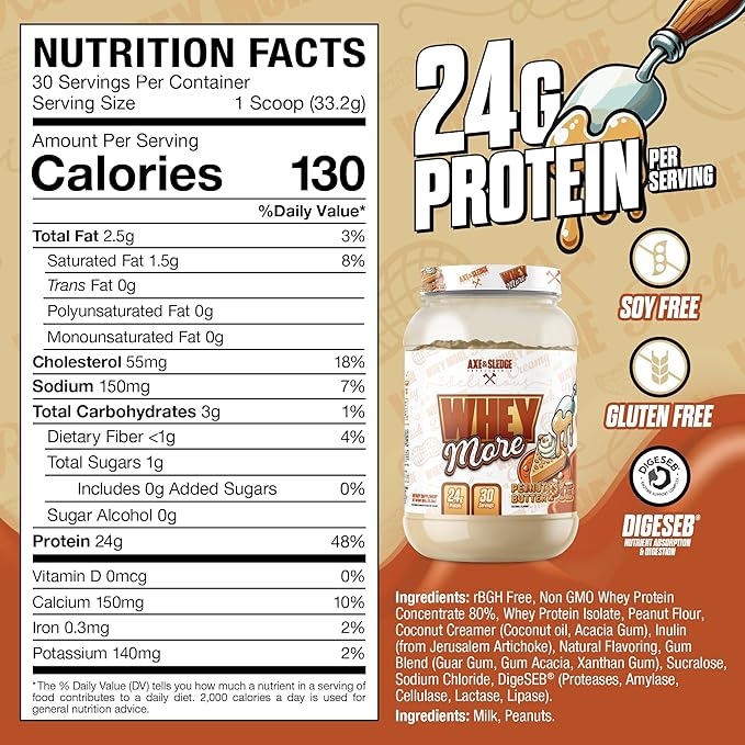 Axe & Sledge WHEY More Premium Protein Blend | 24g Protein, Whey Concentrate & Isolate | Prebiotic Fiber for Enhanced Absorption | Creamy, Delicious, Versatile | 30 Servings, Peanut Butter Pie