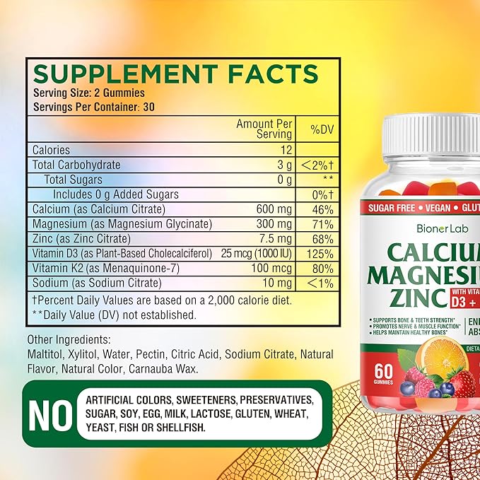 BionerLab Calcium Magnesium Zinc Gummies with Vitamin D3 & K2 - High Potency Enhanced Absorption - Orange and Berry Flavored