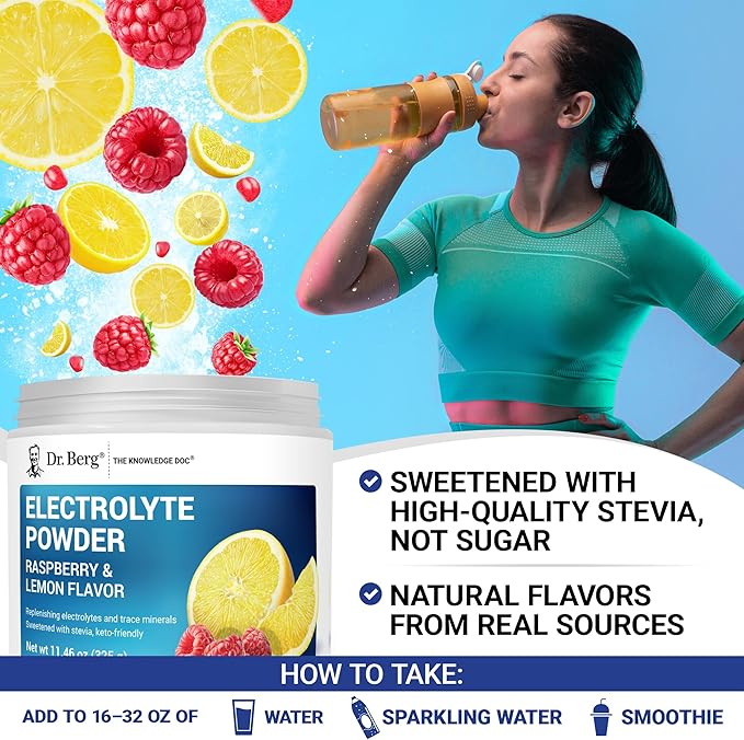 Dr. Berg Zero Sugar Hydration Keto Electrolyte Powder - Enhanced w/ 1000 mg of Potassium & Real Pink Himalayan Salt (NOT Table Salt) - Raspberry & Lemon Flavor Hydration Drink Supplement - 50 Servings