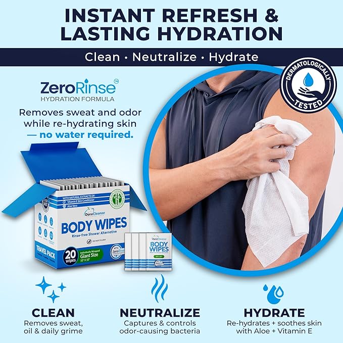 Body Wipes for Adults Bathing No Rinse - 20 Count Travel Shower Wipes - 10 x 11.5" Individually Wrapped Thick Cleansing Waterless Wash Scrubs - Disposable Washcloths for Camping & Elderly Incontinence
