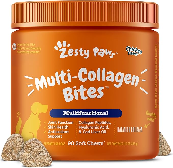 Zesty Paws Multi Collagen Soft Chews for Dogs - for Hip, Joint & Cartilage Support + Skin Health - with Collagen - Plus Eggshell Membrane, Vitamin C & Hyaluronic Acid - 90 Count