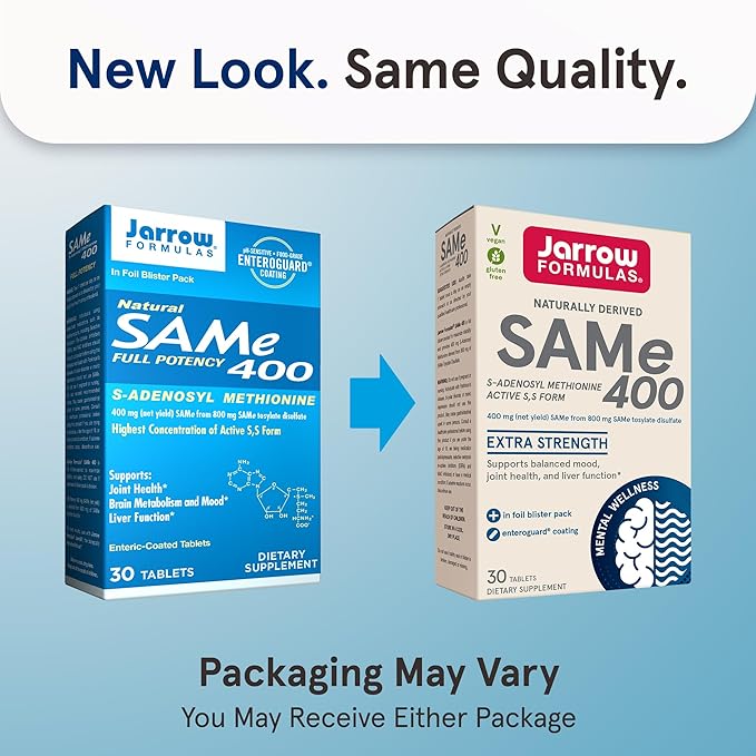 Jarrow Formulas SAMe Supplement 400 mg - 30 Tablets - High Concentration of Active S,S Form - Supports Joint Health, Liver Function, Brain Metabolism, Balanced Mood & Antioxidant Defense - 30 Servings