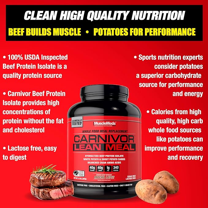 MuscleMeds CARNIVOR Lean Meal Whole Food Meal Replacement Shake, MRE, Beef Protein Isolate, White Potato, Sweet Potato, 40g Protein, 40 g Carbs, Lactose Free, Sugar Free, Mocha Latte 20 Servings