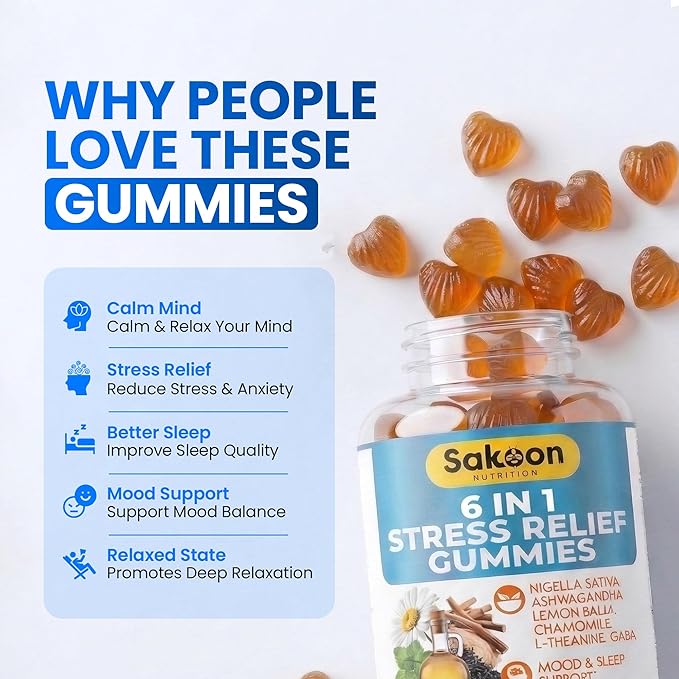 6-in-1 Stress Relief Gummies 60ct - Aids Relaxation with Ashwagandha, GABA, L-theanine, Lemon Balm, Chamomile, Black Cumin Seed Nigella Sativa. Improved Deep Sleep, Joint Support - 60 gummies