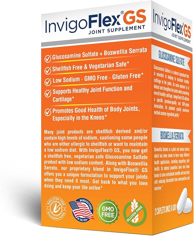 INVIGOFLEX® GS - Glucosamine Sulfate (Shellfish Free, Sodium Free & Vegetarian Safe) Non GMO, Gluten Free - with Boswellia Serrata - Knees, Hands, Back, and Hip Premium Joint Supplement