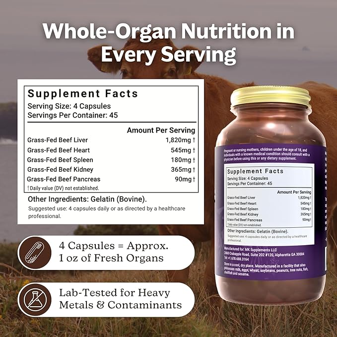 MK Supplements Grass-Fed Beef Organs Capsules | 5 Organs in Nature-Identical Ratios | B12, Copper & Heme Iron | Regeneratively Raised | 150 Capsules