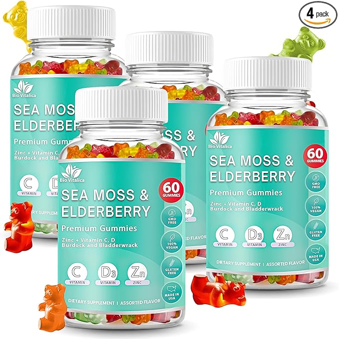 BIO VITALICA Irish Sea Moss Gummies with Elderberry – USA Made Vegan Gummies with Vitamin C, D & Zinc – Immune Support Supplement with Bladderwrack & Burdock Root for Adults & Kids – 4 Packs