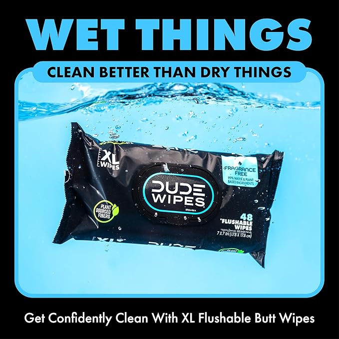 DUDE Wipes Unscented Flushable Wipes - Extra-Large Adult Wet Wipes for Sensitive Skin - 3 Pack (144 Count) - Infused with Vitamin E and Aloe - Septic and Sewer Safe