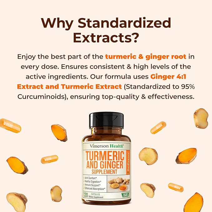 Turmeric Curcumin Supplement with Ginger Root for Joint Support, Digestive & Gut Health - Contains Organic Turmeric Curcumin with Black Pepper (Bioperine) for Enhanced Absorption - 120 Capsules