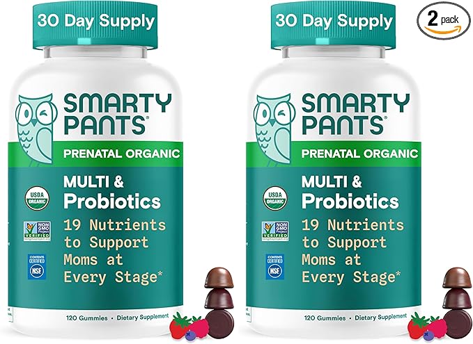 SmartyPants Organic Prenatal Vitamins for Women, Multivitamin: Probiotics, Biotin, Methylfolate, Omega3(ALA), VitaminD3,C, VitaminB12, B6, A, K2 & Zinc,Choline, (30 Day Supply), 120 Count (Pack of 2)