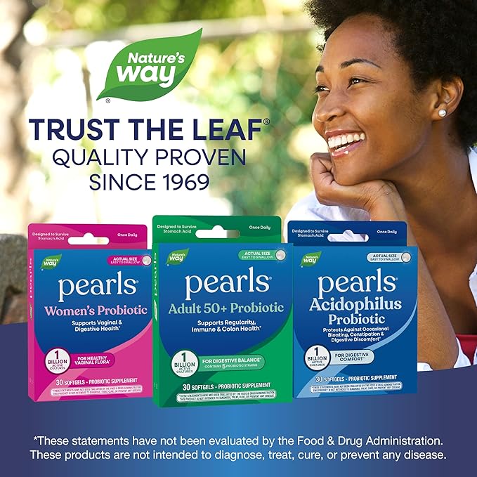 Nature's Way Pearls Adult 50+ Probiotic, Probiotics for Digestive Health* Supports Regularity, Immune & Colon Health*, 1 Billion Cultures, No Refrigeration Needed, 30 Softgels