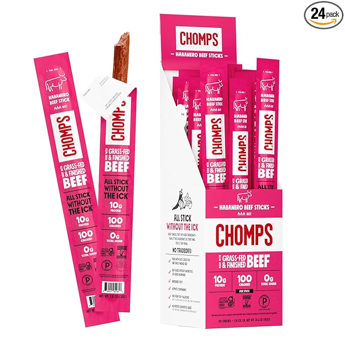 Chomps Grass-Fed and Finished Spicy Habanero Beef Jerky Snack Sticks 24-Pack - Keto, Paleo, Whole30, 10g Lean Meat Protein, Gluten-Free, Zero Sugar Food, Non-GMO
