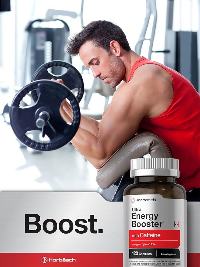 Horbäach Energy Supplement | 120 Capsules | with Caffeine, Ginseng & Vitamin B12 | Daily Energy Booster Pills | Non-GMO, Gluten Free