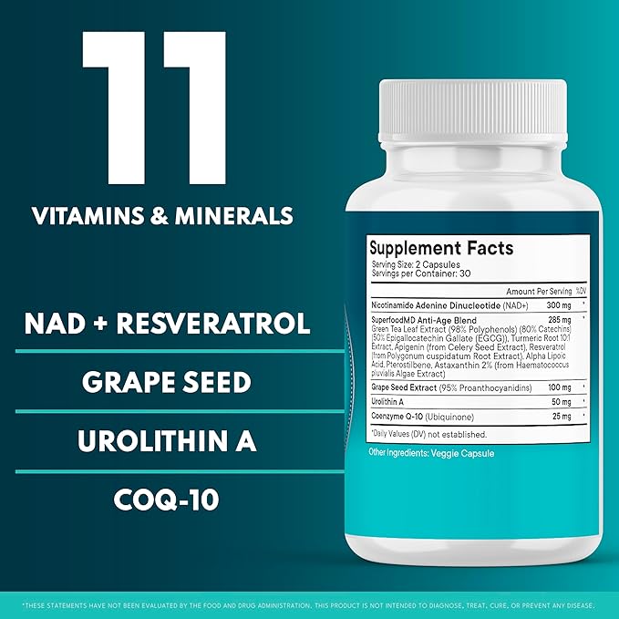 NAD+ Supplement - Liposomal + Resveratrol for Women & Men, Astaxanthin, CoQ10, Alpha Lipoic Acid, Green Tea, Urolithin - 180 Capsules