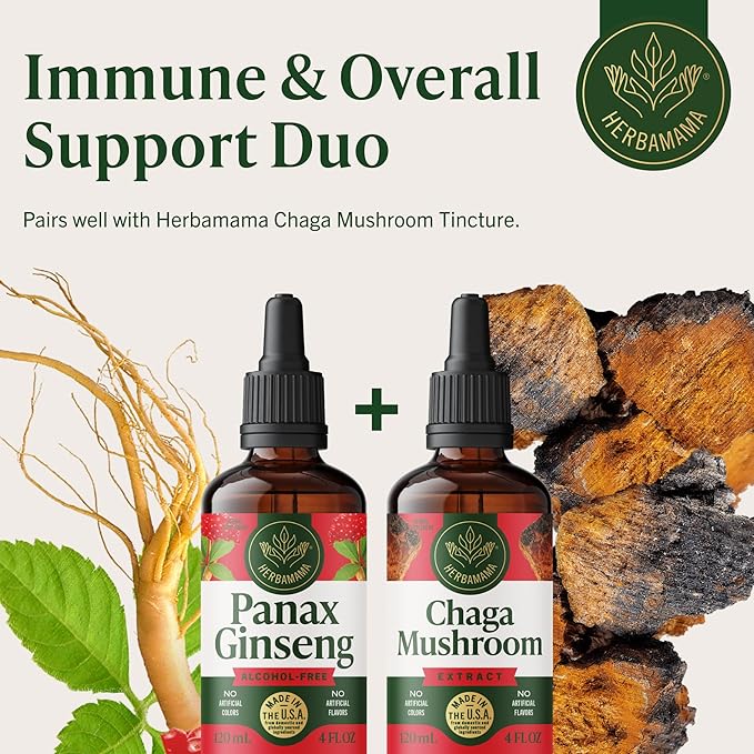 HERBAMAMA Panax Ginseng Root Tincture - Immune & Overall Support with Korean Red Ginseng Supplement - Vegan, Non-GMO, Alcohol & Sugar-Free Herbal Drops, 56-Day Supply