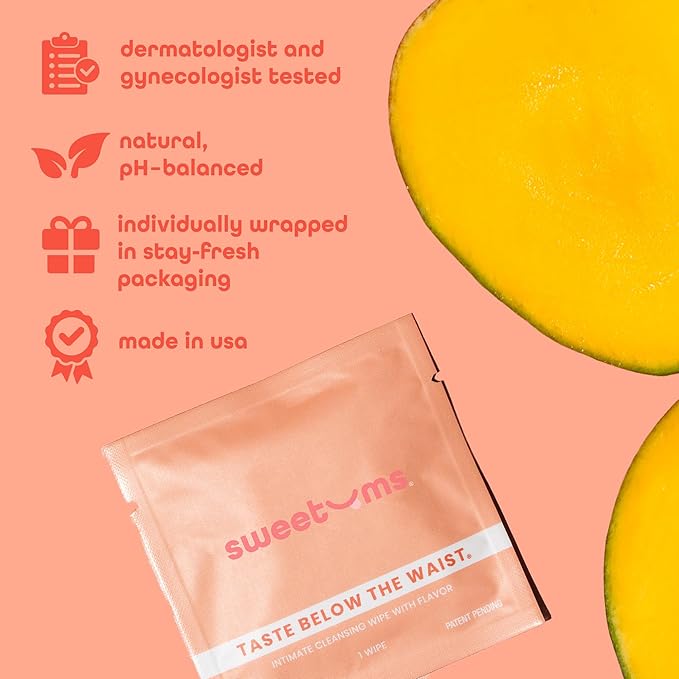 Sweetums Feminine Wipes For Women, Individually Wrapped - pH Balanced Flavored Intimate Wipes - Mango, Pack of 10