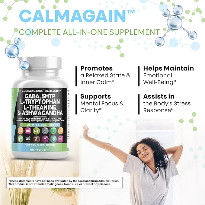 Clean Nutraceuticals GABA 750mg 5 HTP 200mg L Tryptophan 500mg L Theanine 200mg Ashwagandha SAM-e L-Glycine - Mood Support Vitamins for Women and Men with L-Tyrosine (90 Count (Pack of 2))