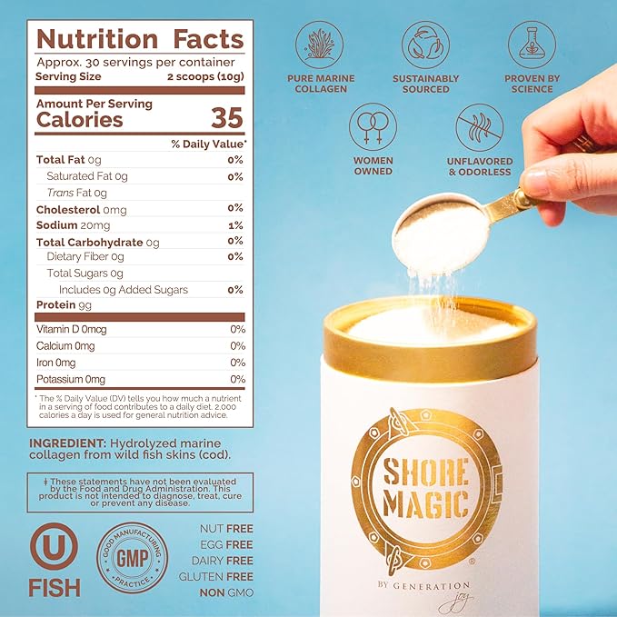 Shore Magic Premium Marine Collagen Powder Types I-IV – Wild Fish, Hydrolyzed Peptides, Unflavored, 9g Protein Per Serving – Supports Youthful Skin, Hair, Nails & Joints, 30-Day Supply