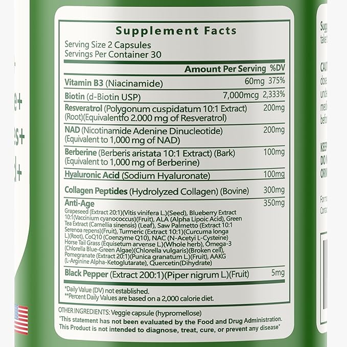 NAD Resveratrol Supplement 200mg with Berberine NAC Collagen - Nicotinamide Riboside NMN NADH CoQ10 Biotin Hyaluronic Acid - Hair Skin Nails Supplement - 60 Capsules