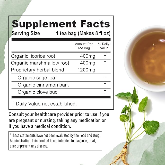 Numi Organic Throat Soother Herbal Tea – 48 Herbal Tea Bags – Caffeine Free Blend with Sage Licorice Marshmallow Root Cinnamon & Clove for Smoothing & Soothing Throat Comfort