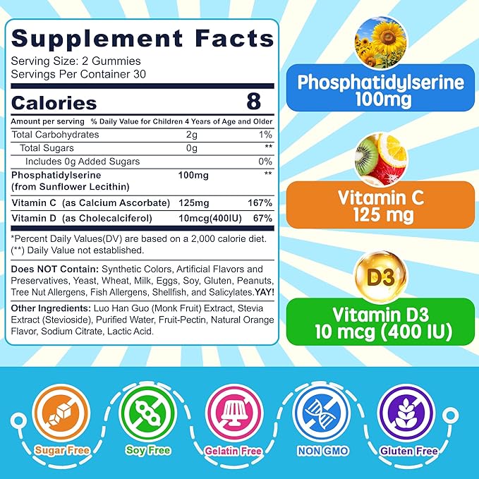 Phosphatidylserine Supplement 100mg, Focus Gummies for Kids Teens + Vitamin C & D3 400IU, Sugar Free Kids Brain Gummies Increase Attention & Concentration, Chewable, Vegan, Gluten Free, Non-GMO 2 Pack