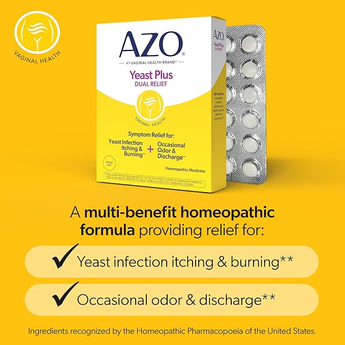 AZO Yeast Plus Dual Relief Homeopathic Medicine | Yeast Infection Symptom Relief: Itching & Burning | Vaginal Symptom Relief: Occasional Odor & Discharge | #1 Most Trusted Brand | 2 Pack (60ctx2)