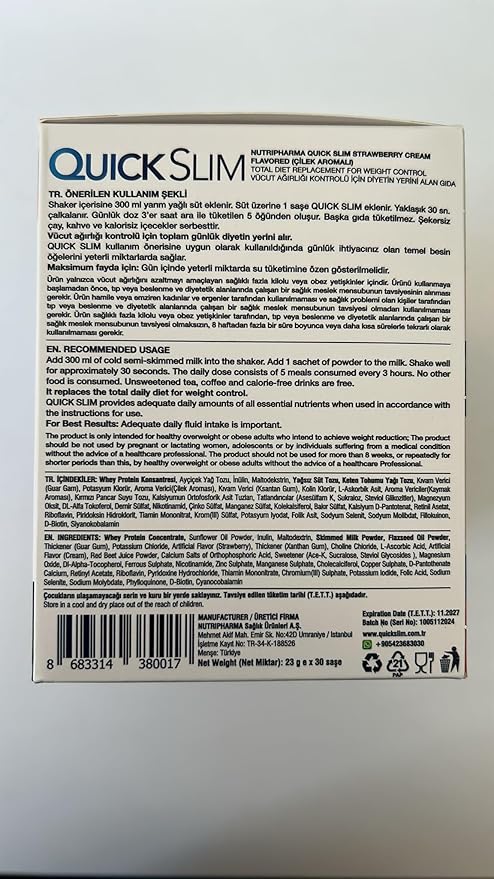 Quick Slim Meal Replacement Shake for Weight Loss, 30 Servings, Complete Meal Replacement Powder, Low Carb Diet Shakes for Women & Men, 20g Protein, 27 Vit & Min, Fiber, Gluten Free (Strawberry Cream)