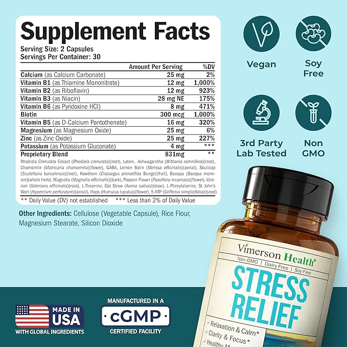 Stress Relief Supplement with 5HTP, Ashwagandha, Valerian, St John’s Wort, GABA, Chamomile & B-Vitamins - Promotes Relaxation, Sleep, Calm & Balanced Mood, Energy & Focus. Vegan, Non-GMO, 60 Capsules
