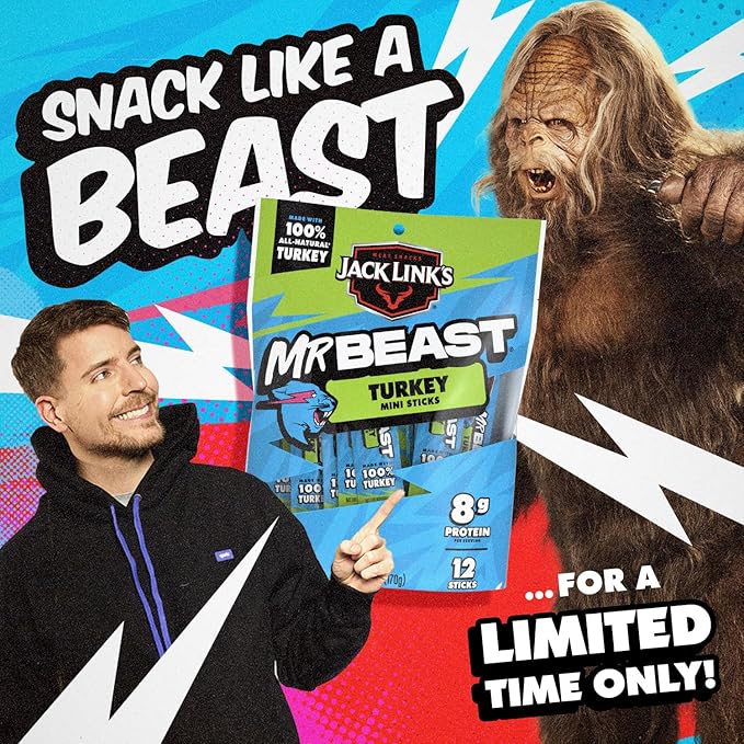 Jack Link’s x MrBeast Turkey Mini Sticks,As Seen on Beast Games,8g Protein,Made with 100% All Natural Turkey,Zero Sugar,Pantry-Ready Snacks,(Pack of 24)