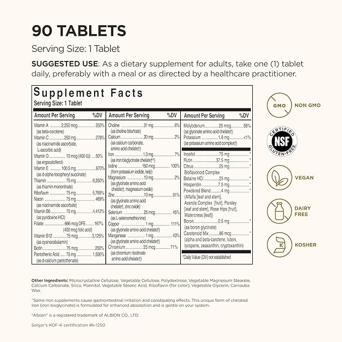 Solgar Formula VM-75, 90 Tablets - Multivitamin with Chelated Minerals - Vitamin A, B6, B12, C, D, E - Biotin, Magnesium, Calcium, Iron, Zinc - Vegan, Gluten Free, Dairy Free, Kosher - 90 Servings